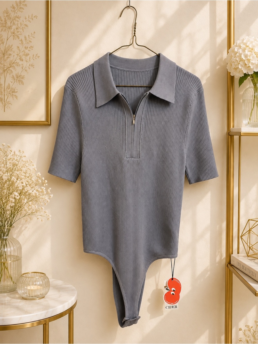 Cider Curve Plus Rib Zip Collar Knit Bodysuit Gray 4XL NWT
